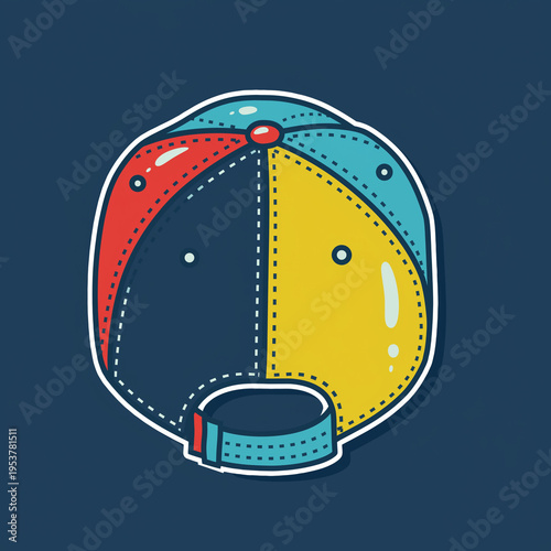 Colorful Illustrated Baseball Cap Back View with Stitching Details