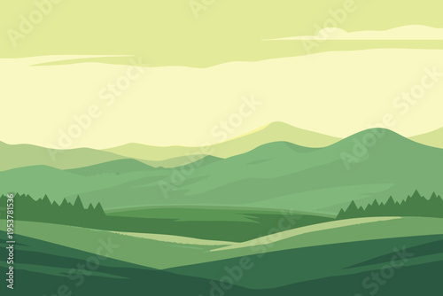 Foto Serene landscape illustration featuring rolling hills and a soft sky