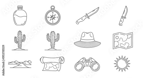 Desert Exploration Vintage Line Icons.