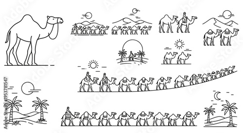 Desert caravan with people and camel.