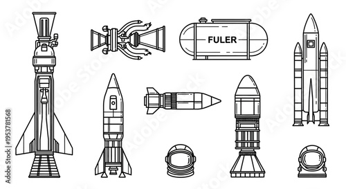 Detailed drawings of various rockets.