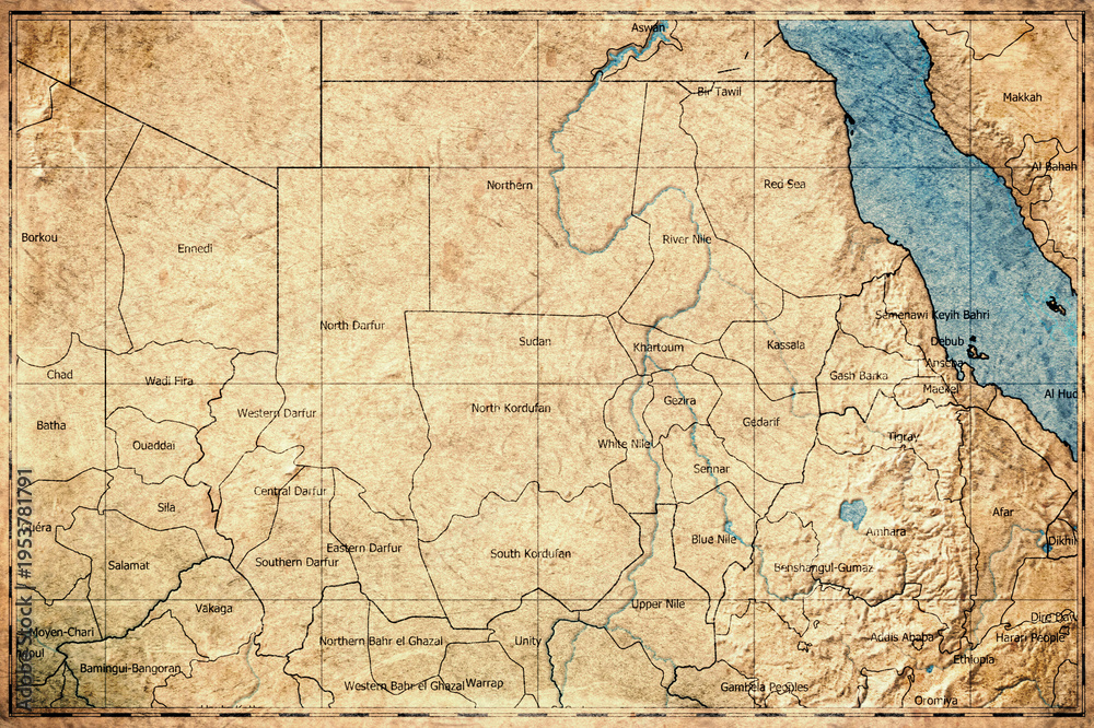 Fototapeta premium Vintage Map Of Sudan With States On Retro Paper Background