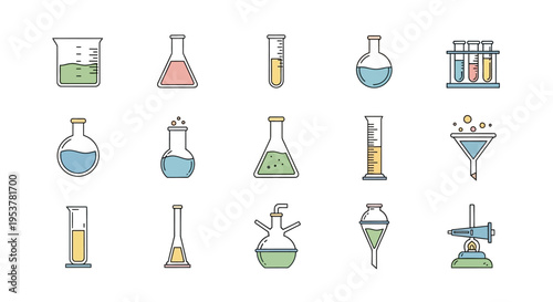 Illustrated laboratory equipment icons perfect for scientific research and education