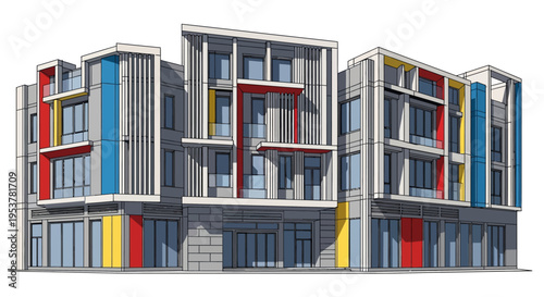 Architectural depiction of a modern multi-story building with colorful accents and design
