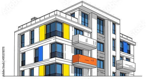 Architectural depiction of a modern residential building featuring a vibrant color scheme