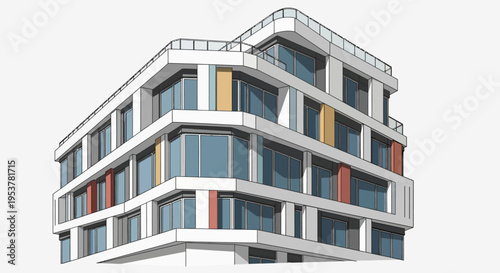 Architectural depiction of a modern multi-story building with vibrant color accents and expansive