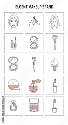 Elegant makeup brand icons and tools.