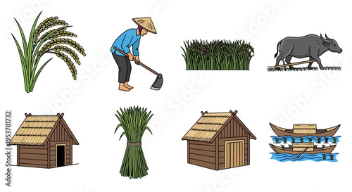 Farmer with rice plants and hut.