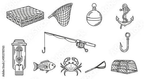 Fishing gear and sea creatures icons.