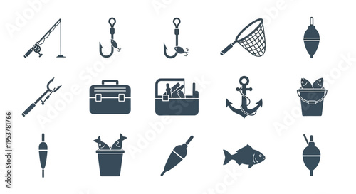 Fishing gear and tackle icons set.