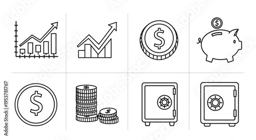 Financial icons including money and safe.
