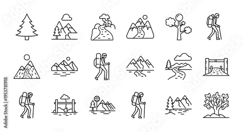 Hiking icons set for travel design.