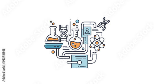 Illustration depicting scientific research, experimentation, and chemical laboratory processes