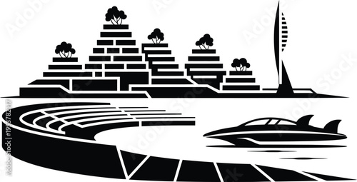 Abstract landscape vector illustration with tiered structures stadium and a modern boat