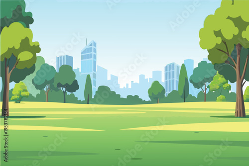 Lush green parkland overlooks a distant city skyline