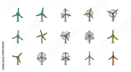 Collection of minimalist wind turbine illustrations showcasing renewable energy resources