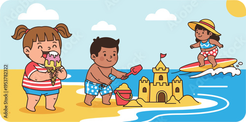 Three happy children enjoying a sunny day at the beach, with one eating ice cream, another building a sandcastle, and a third surfing in the ocean.