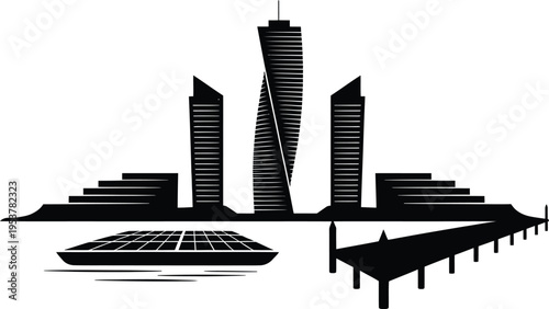 Futuristic city skyline vector with skyscrapers terraced structures and a dock