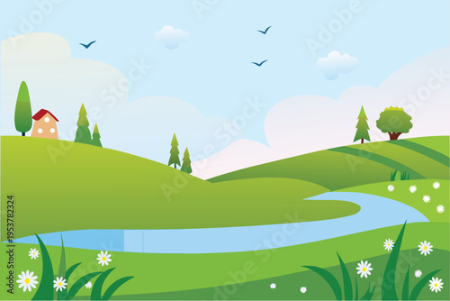 A peaceful countryside landscape with a small house and flowing river