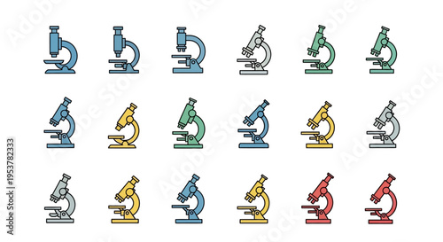 Colorful Microscope Illustrations: Scientific Exploration and Laboratory Equipment Visuals