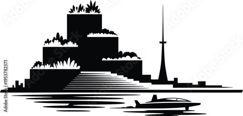 Futuristic cityscape silhouette with stepped gardens water and advanced vehicle illustration