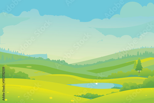 Peaceful countryside landscape with rolling hills and a small pond