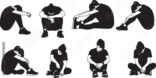 Depressed man in various sad poses and emotions isolated