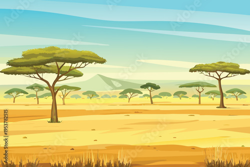 African savanna landscape with acacia trees and distant mountains