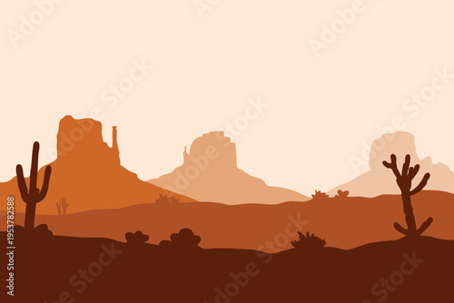 Desert landscape with silhouetted cacti and rock formations