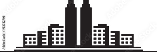 Stylized city skyline with apartment buildings and two central skyscrapers illustration