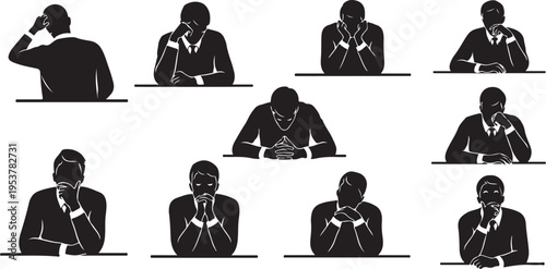 Businessman Silhouettes in Various Emotional States at Desk Meetings