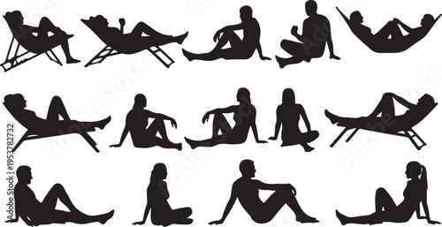 Silhouettes of people sitting in various relaxed poses outside