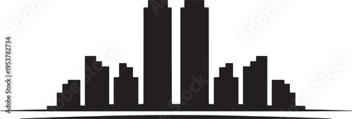 Symmetrical cityscape illustration with tall central buildings and shorter surrounding structures