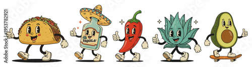Cinco de Mayo vintage mascot characters set featuring Mexican food and culture icons in retro cartoon style