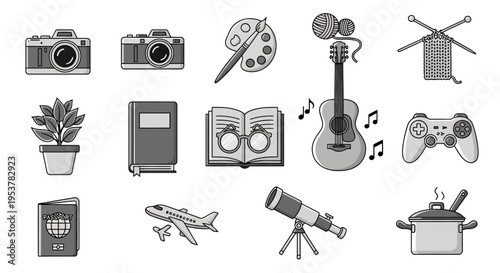 Collection of artistic and leisure icons depicting travel, hobbies, and everyday activities.