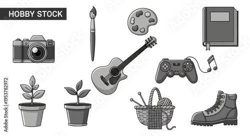 Collection of Creative Hobbies Icons with Diverse Visual Elements, Black and White Illustration