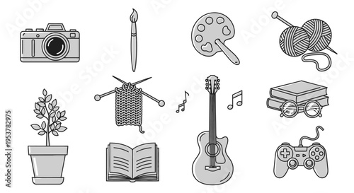 Collection of creative hobbies, crafts, and leisure activities illustrated in grayscale