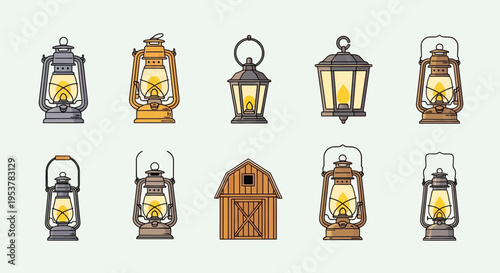 Collection of vintage lanterns and house.