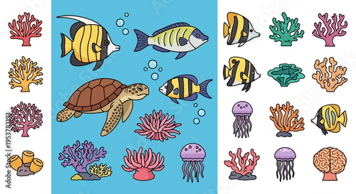 Colorful fish and sea creatures swimming.