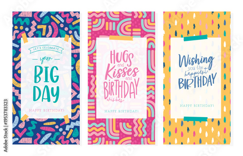 Set of minimalist birthday postcards with  fun typography. Invitations, happy birthday. Vector templates great for card, poster, flyer or banner