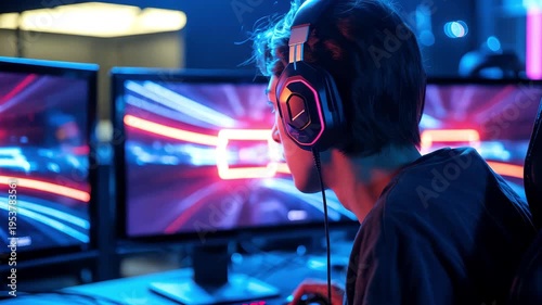 Young gamer playing competitive esports with headset and multiple monitors in dark room with neon