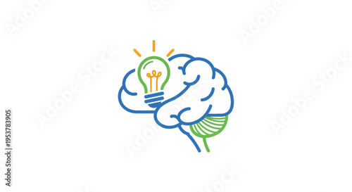 Creative brainstorming illustration with a brain icon and a lightbulb on a white background