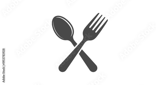 Crossed fork and spoon symbol on white background representing eating or dining utensils