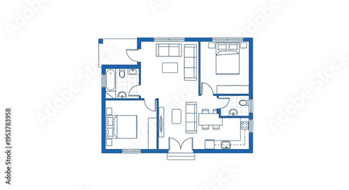 Detailed blueprint of a two-bedroom apartment layout design isolated on white