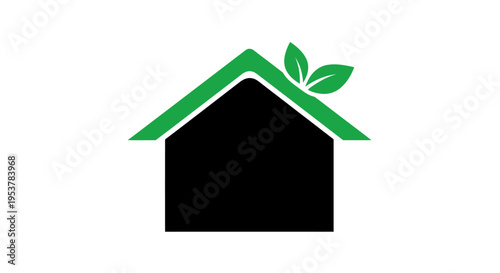 Eco-friendly house logo featuring green roof and leaves, representing sustainable living