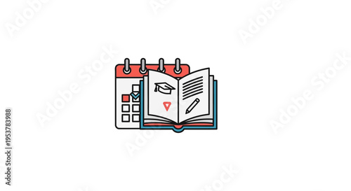 Educational Planning Calendar and Open Book with Graduation Cap and Pen Icon