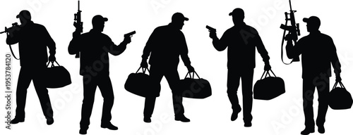 Set of armed men silhouettes holding rifles and handguns while carrying duffel bags isolated on white background for tactical concepts