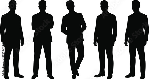 Professional business men silhouettes wearing suits standing in confident poses isolated on white background for corporate leadership and management concepts