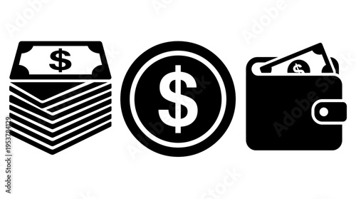 Money Icons Stack, Coin, and Wallet with Dollar Sign