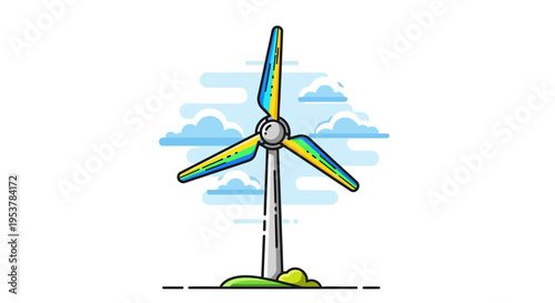Colorful Wind Turbine Illustration Against Blue Sky Depicting Eco-Friendly Power Generation